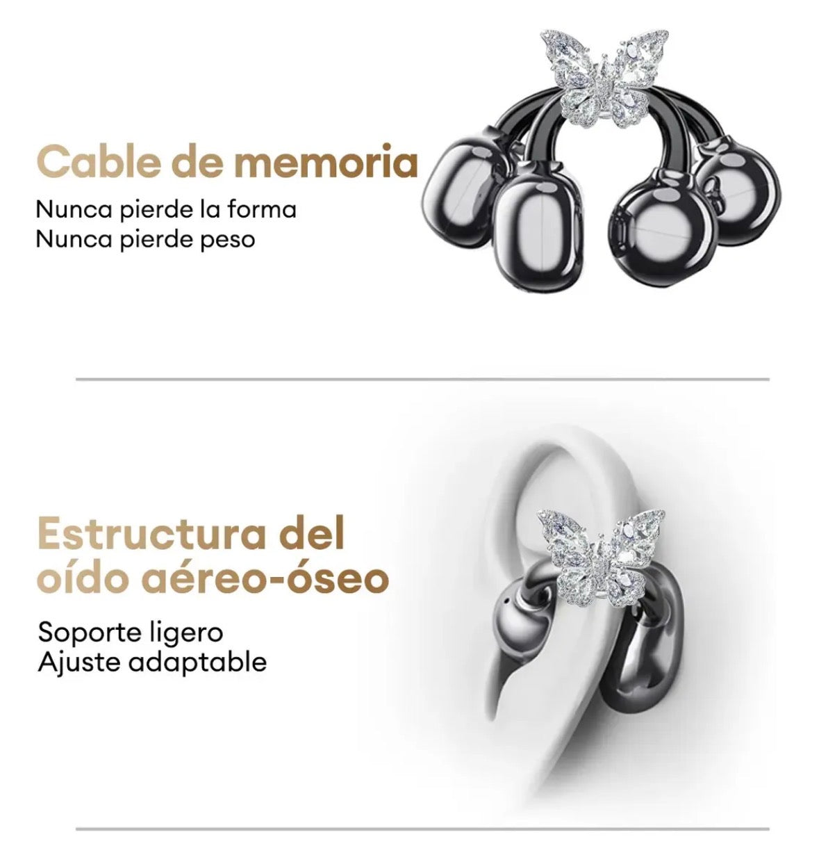 Audífonos clip on con accesorio mariposa tipo arete