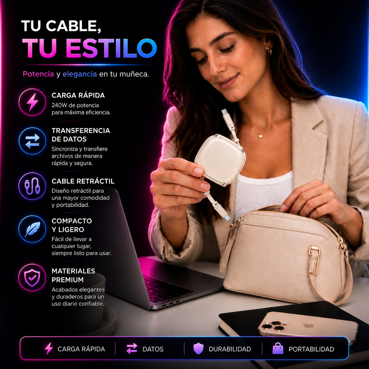 Cable Retráctil Tipo C a C Glam 240 W