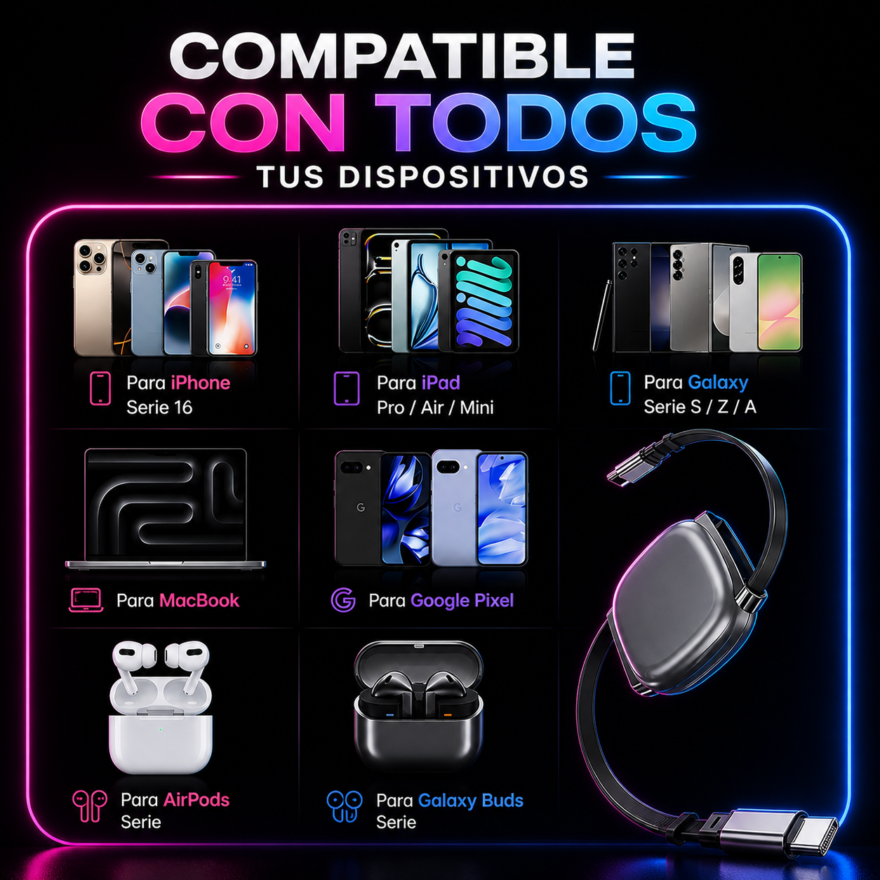 Cable Retráctil Tipo C a C Glam 240 W