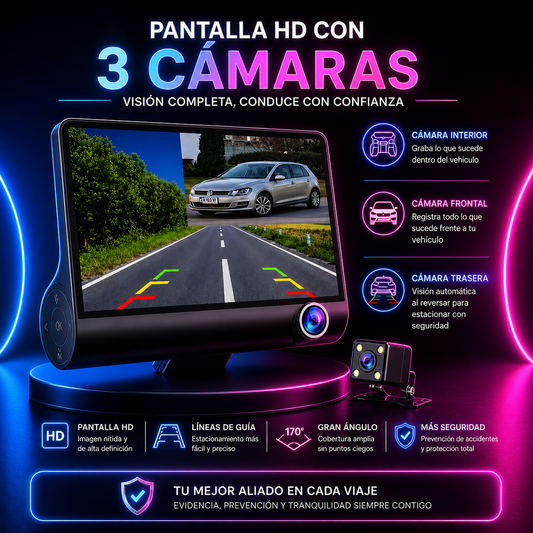 Cámara para auto de vigilancia 3 en 1, reversa, frente y dentro