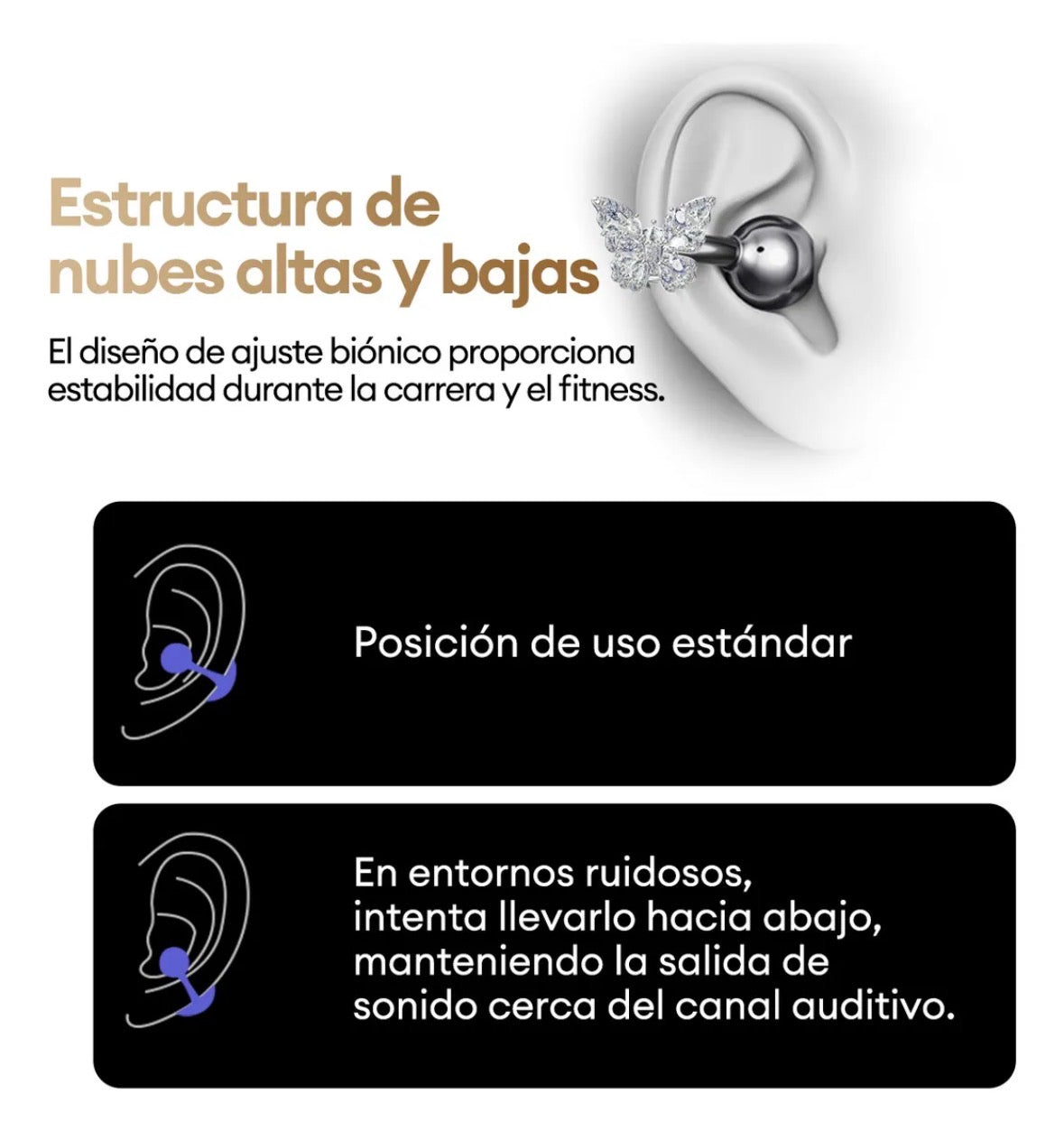 Audífonos clip on con accesorio mariposa tipo arete